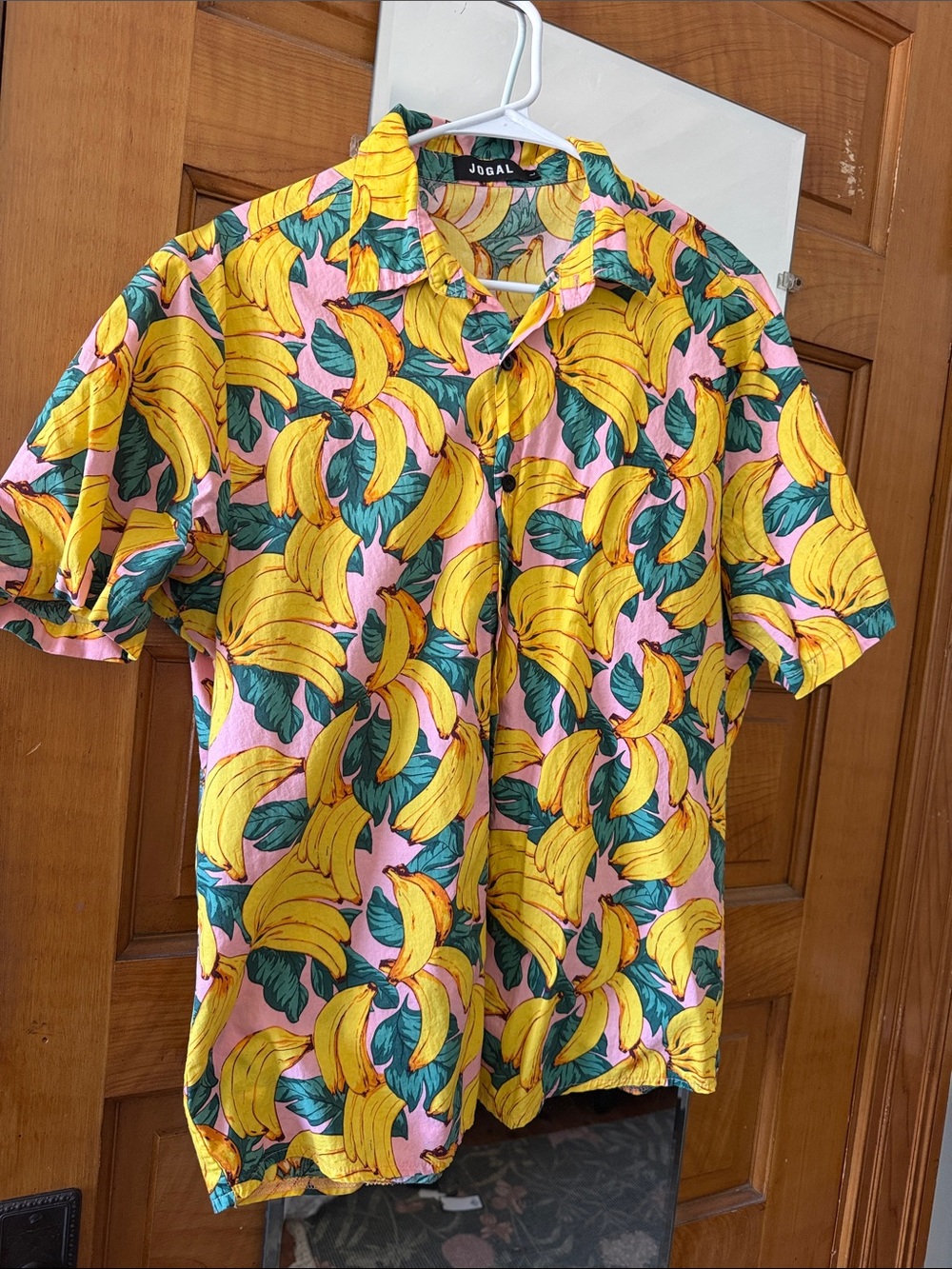 JOGAL Pink Banana Print Short Sleeve Button-Down Shirt